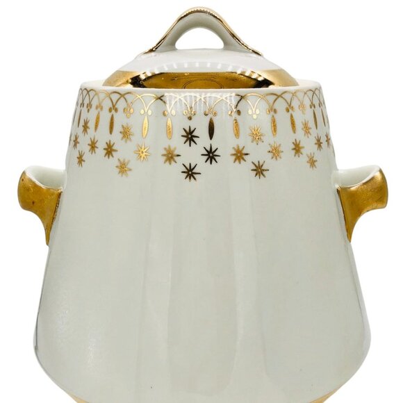 Beautiful Mid-Century Covered Pot Cookie Jar Treats Gold Trim Mid-Century - Picture 1 of 10